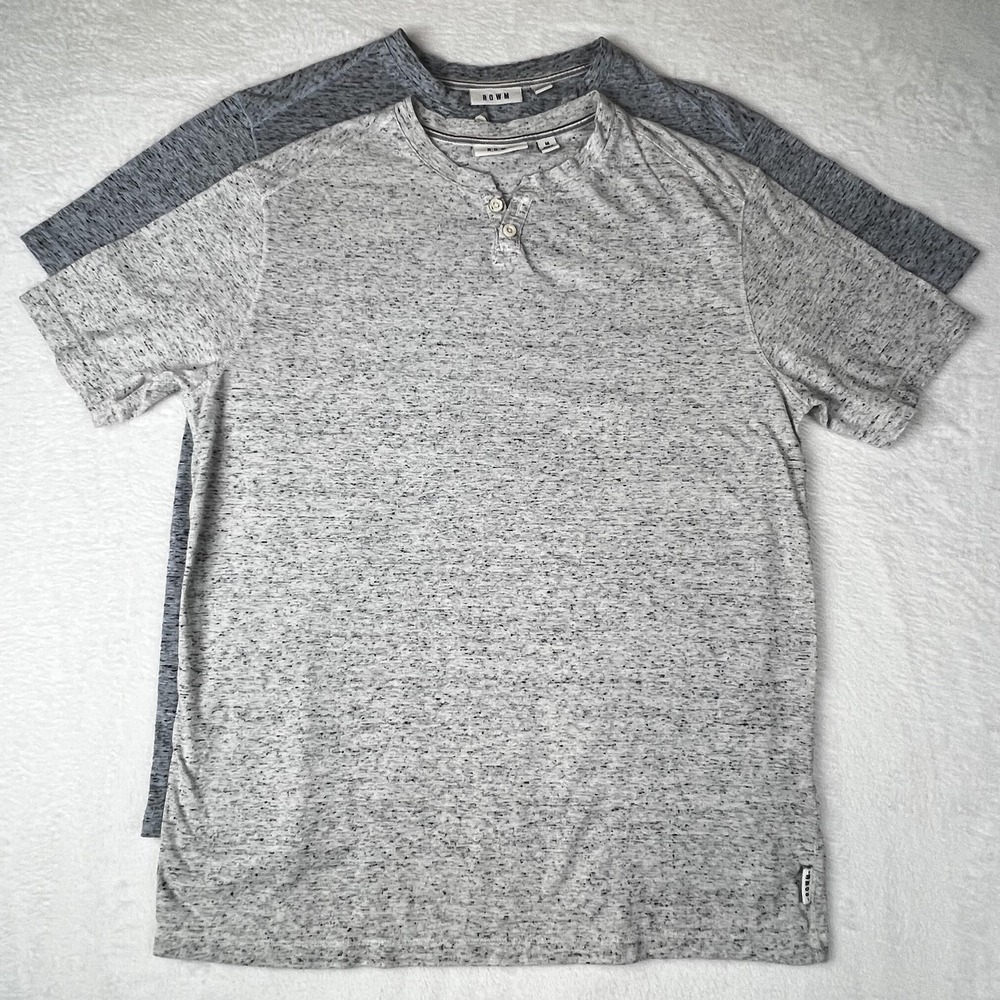 ROWM Shirt Mens M Two Button Gray Blue Henley Short Sleeve 2-Pack Cotton Blend
